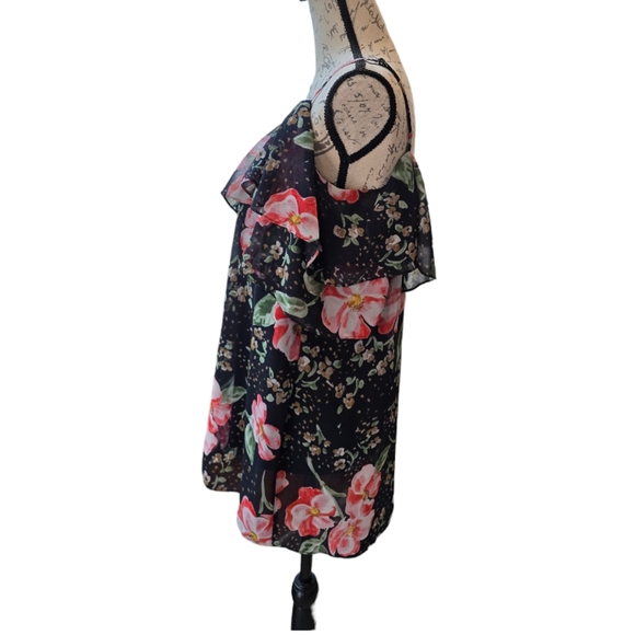 Cabi Navy Multicolor Floral Short Sleeve Cold Shoulder Blouse L - Picture 4 of 9